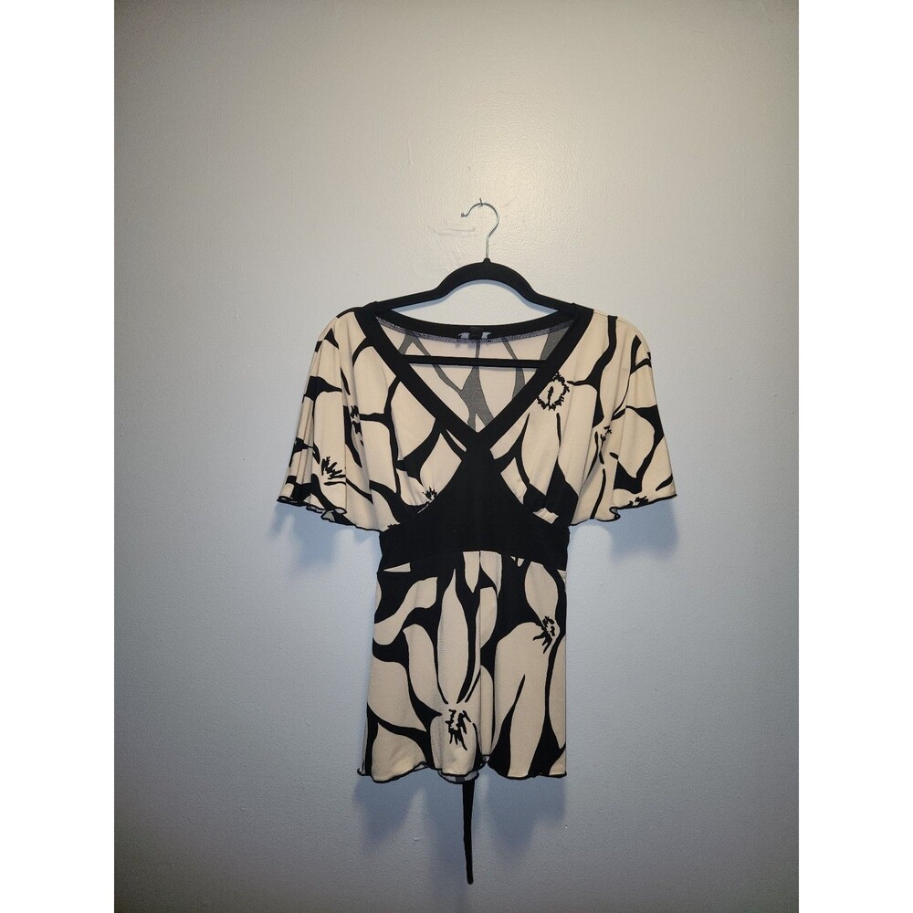 BCX Y2K Black and Beige Abstract Floral Print Blouse | Medium